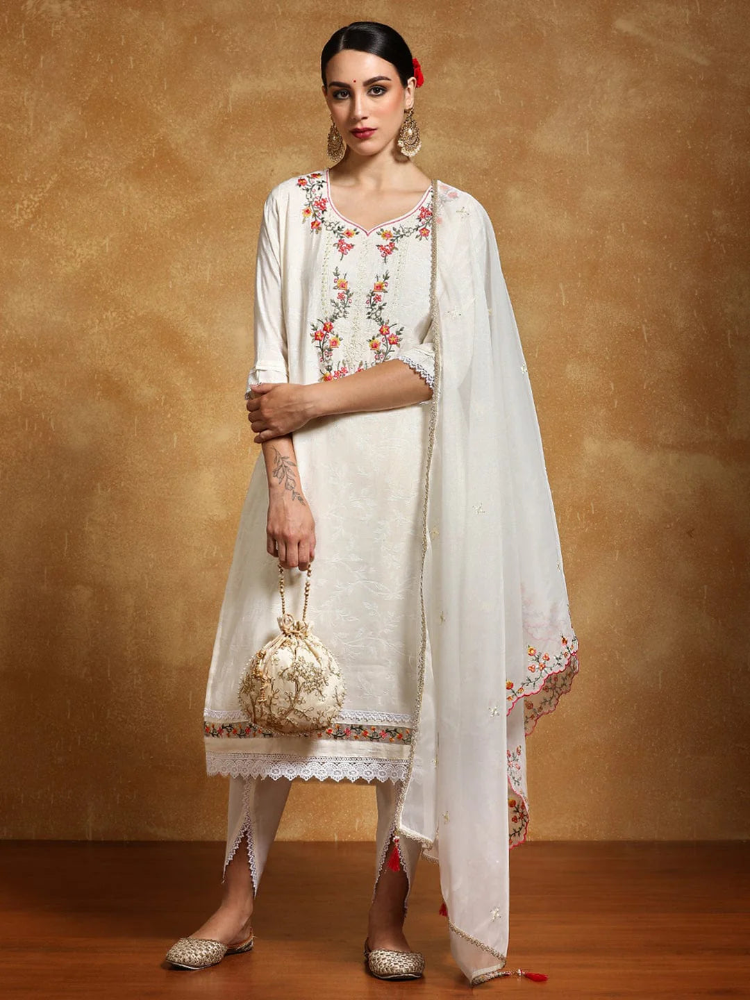 KF Floral Motif Thread Embroidered Yoke Kurta with Trouser & Dupatta
