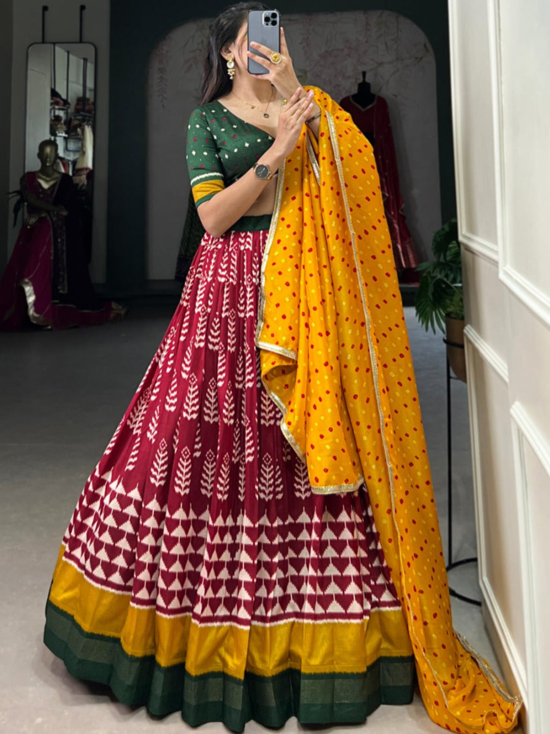 ES Tushar Silk Stitched Lehnga Set with Blouse Piece & Dupatta - Bandhej Print
