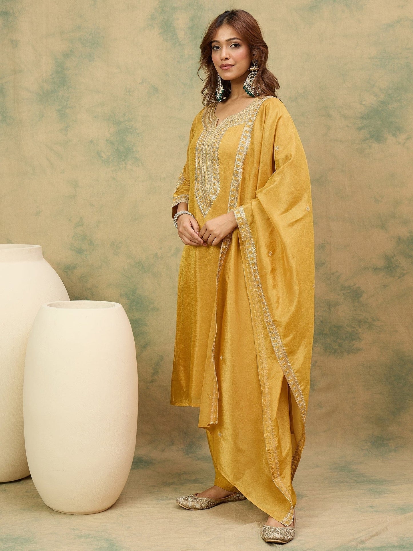 KF Zari Embroidered Yoke Kurta With Trouser And Dupatta