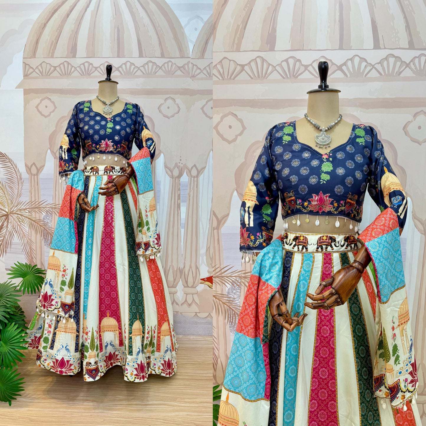 ES Foil Print Crepe Silk Lehenga Set with Dupatta & free-size foil print blouse