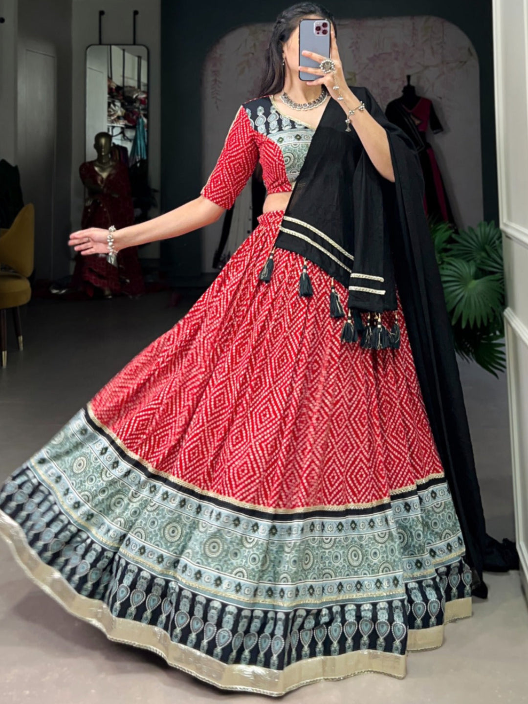 ES Ethnic Rayon Bandhej & Ajarakh Printed Lehenga Set - Stitched
