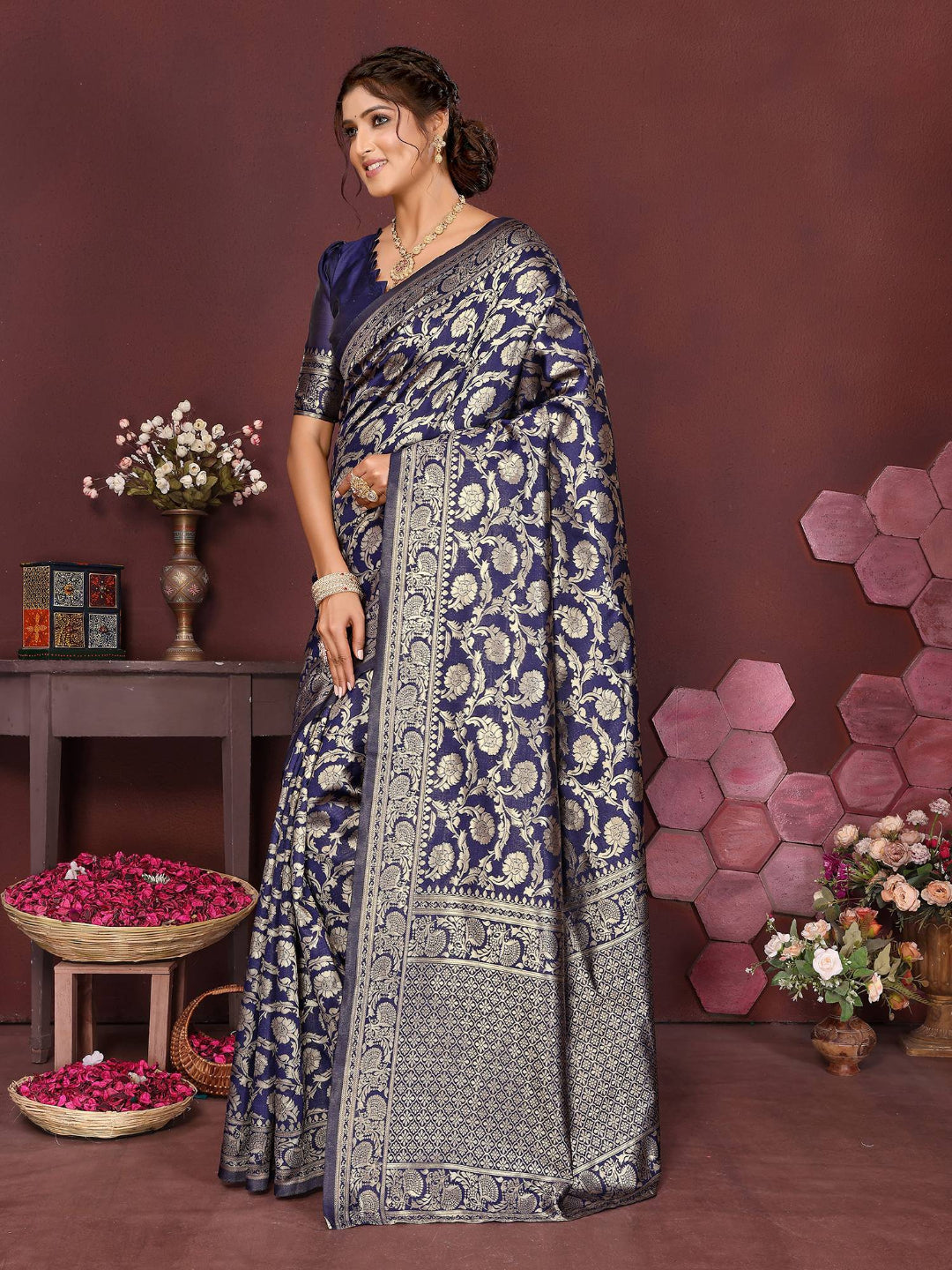KF Blue Banarasi Silk Woven Design Kanjeevaram Saree