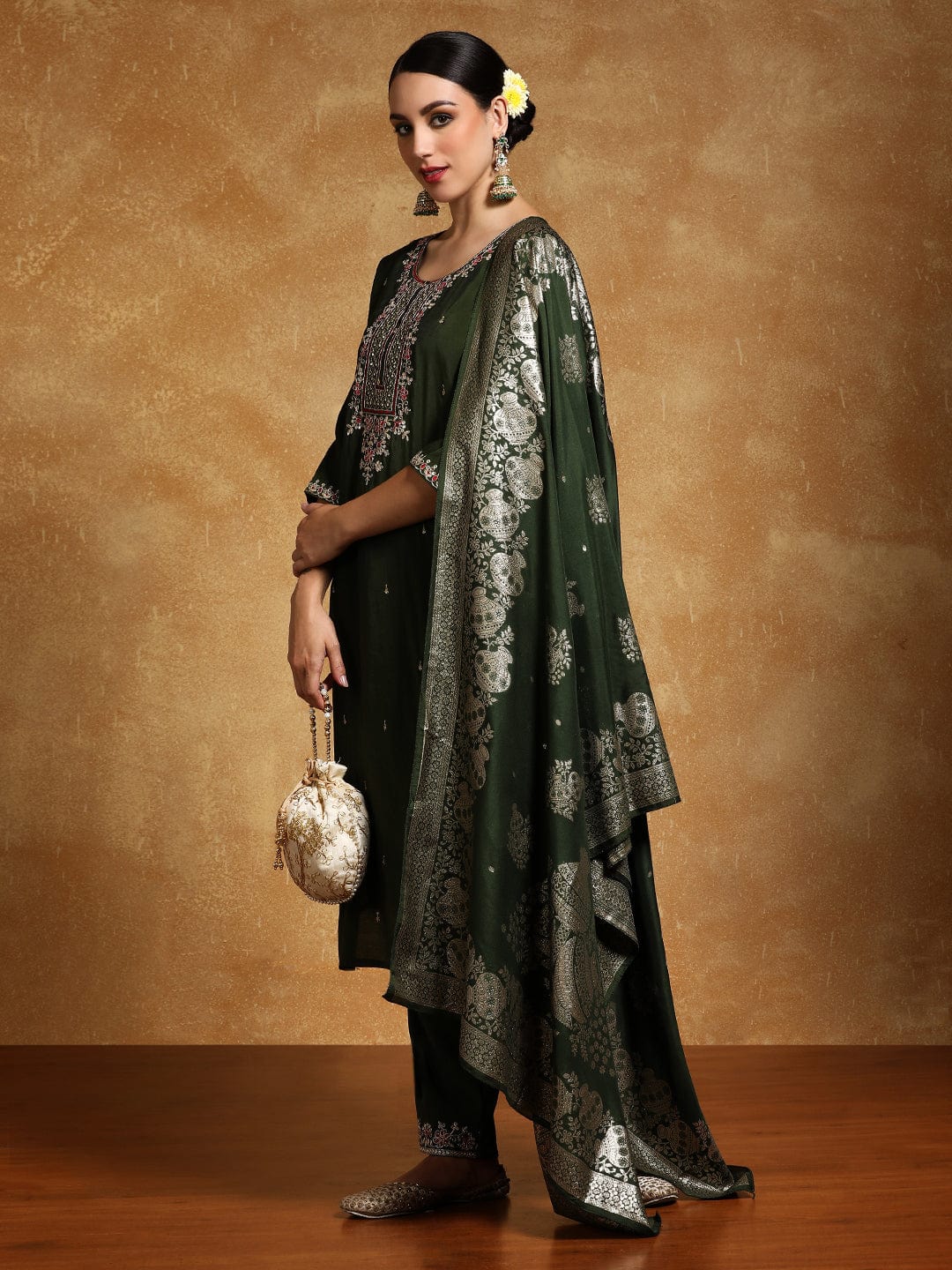 KF Zari Embroidered Yoke with All Over Floral Motif Buta Kurta with Trouser & Dupatta