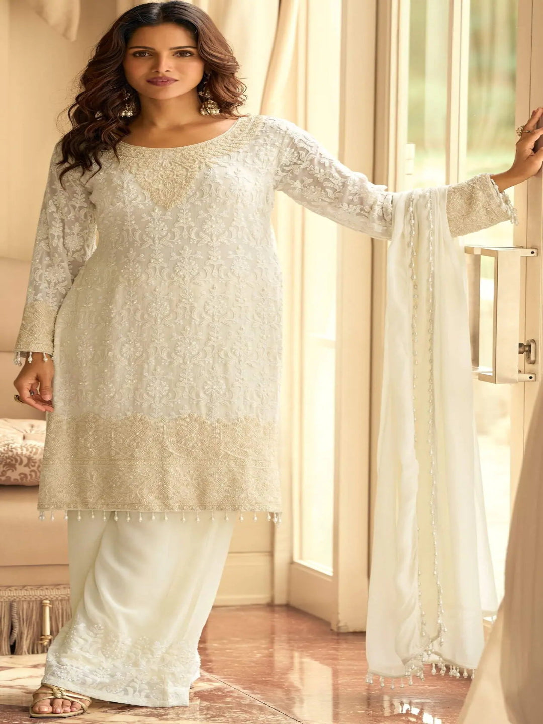 RE Premium Real Georgette Embroidered Suit Set with Sequin & Bead Work - Fully Stitched
