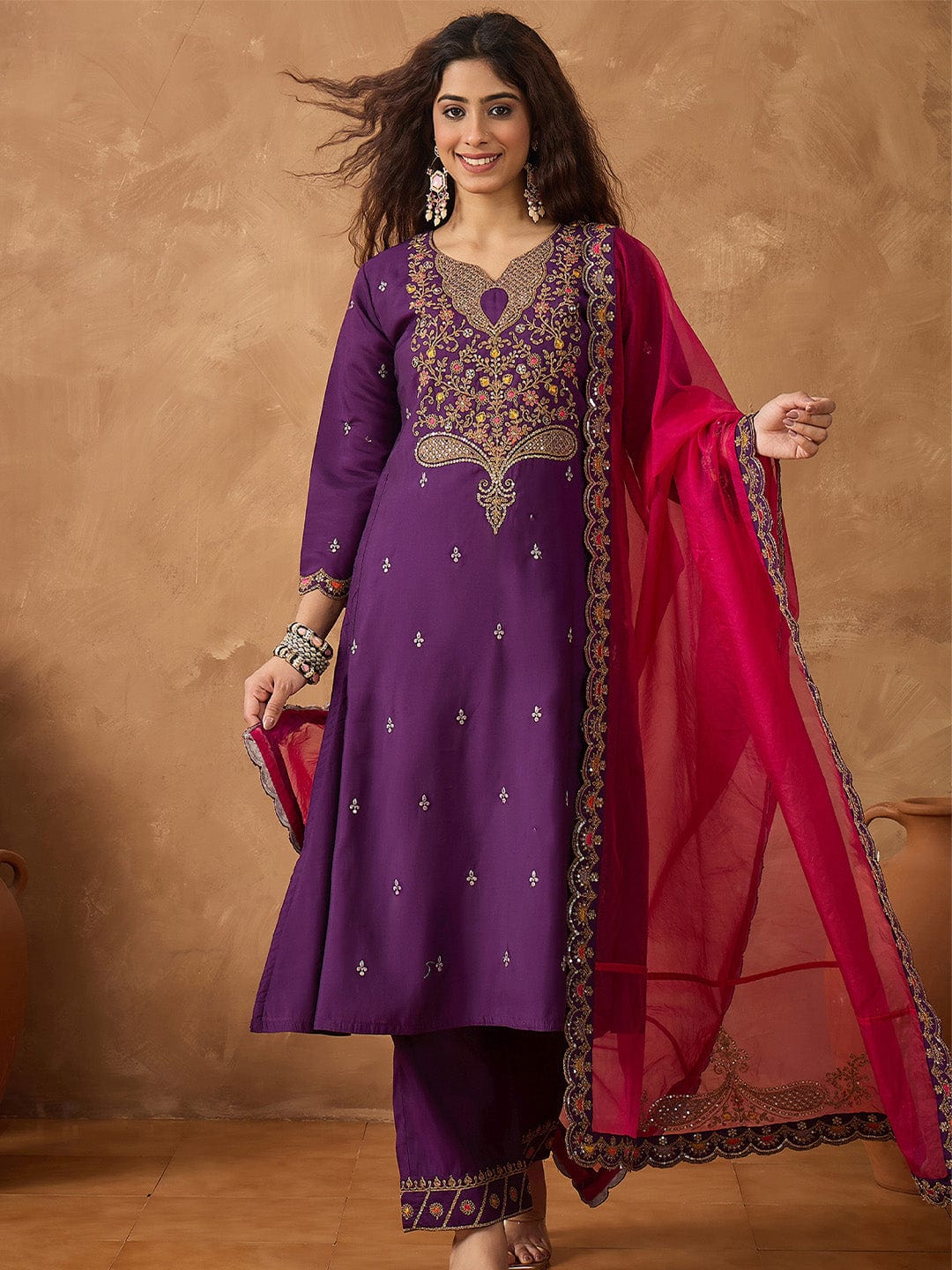 KF Zari Embroidered A line kurta With Trouser & contrast Dupatta