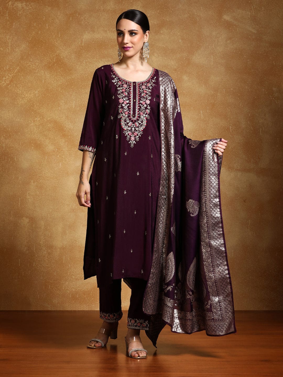 KF Zari Embroidered Yoke with All Over Floral Motif Buta Kurta with Trouser & Dupatta
