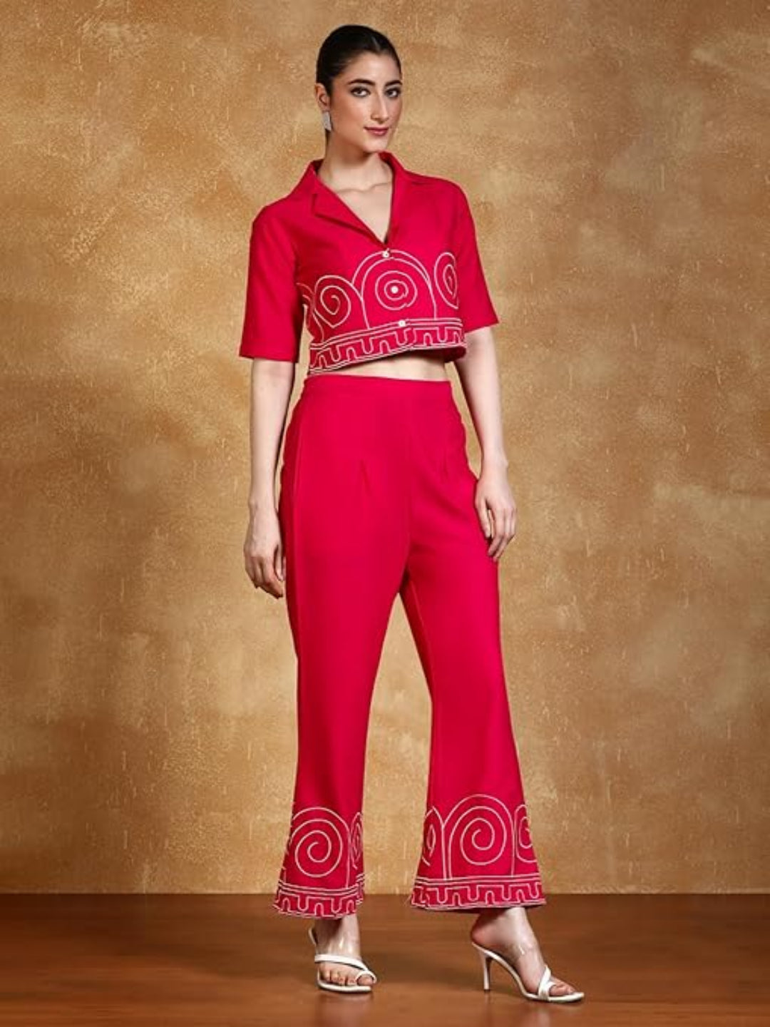KF Thread Embroidered Crop Shirt with Flared Palazzo
