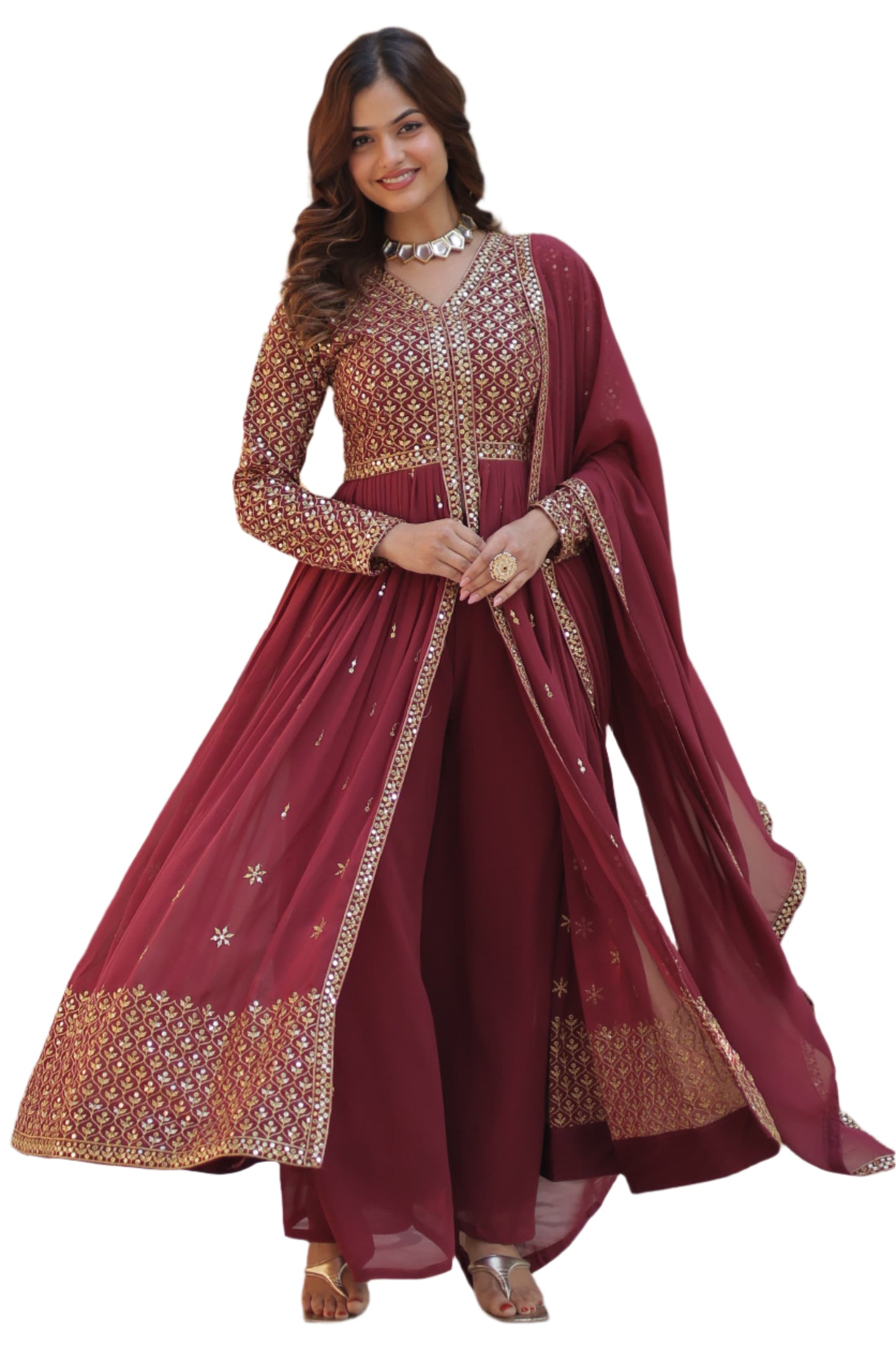 ES Faux Georgette with Embroidered Work Readymade Kurti with Pant & Dupatta Set