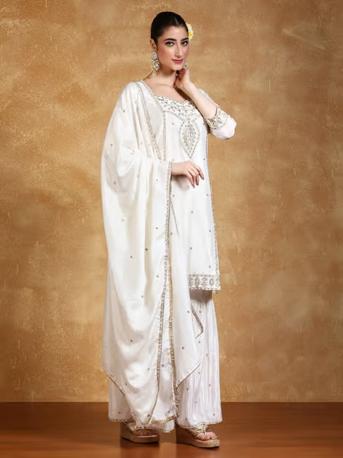 KF Zari Embroidered Yoke Kurta With Sarara Pant And Dupatta