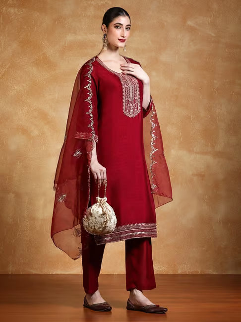 KF Women Zari & Sequin Embroidered Yoke Kurta With Trouser & Dupatta
