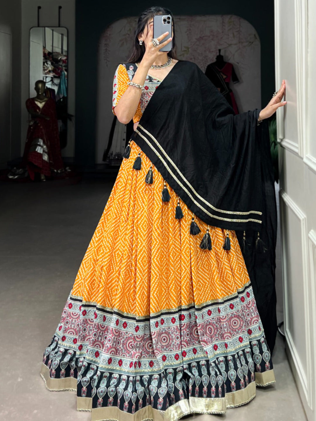 ES Ethnic Rayon Bandhej & Ajarakh Printed Lehenga Set - Stitched