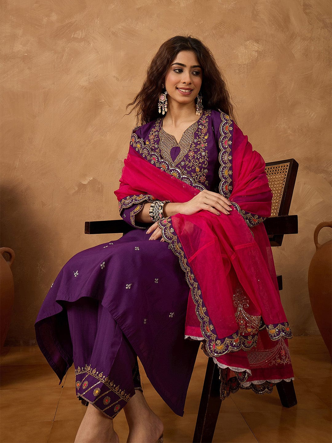 KF Zari Embroidered A line kurta With Trouser & contrast Dupatta