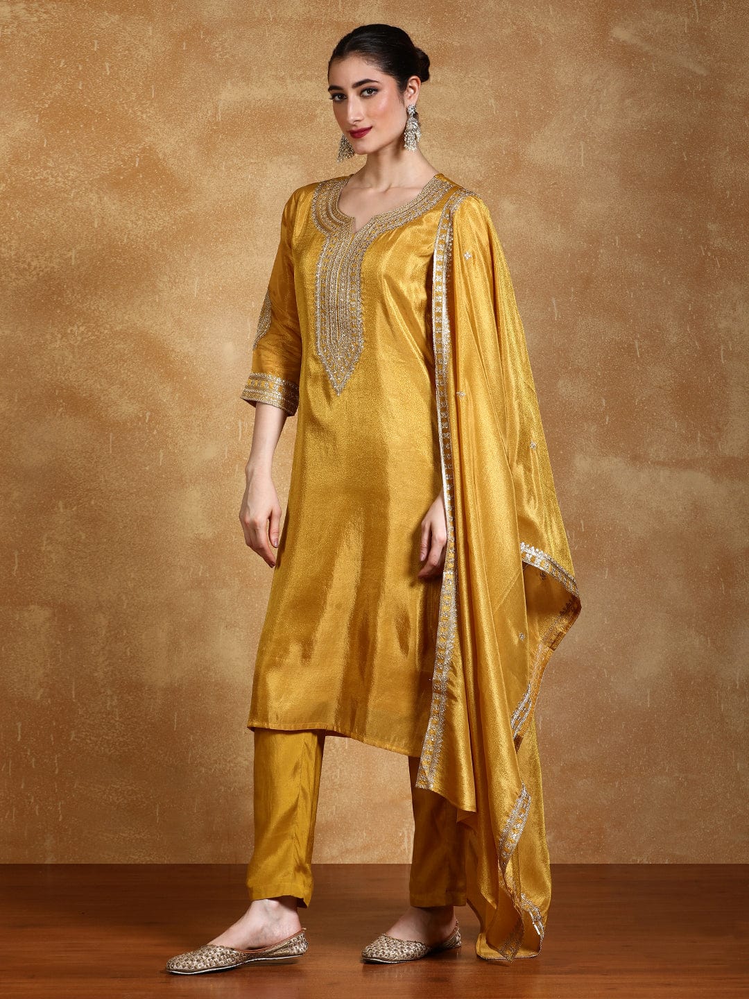 KF Zari Embroidered Yoke Kurta With Trousers And Dupatta