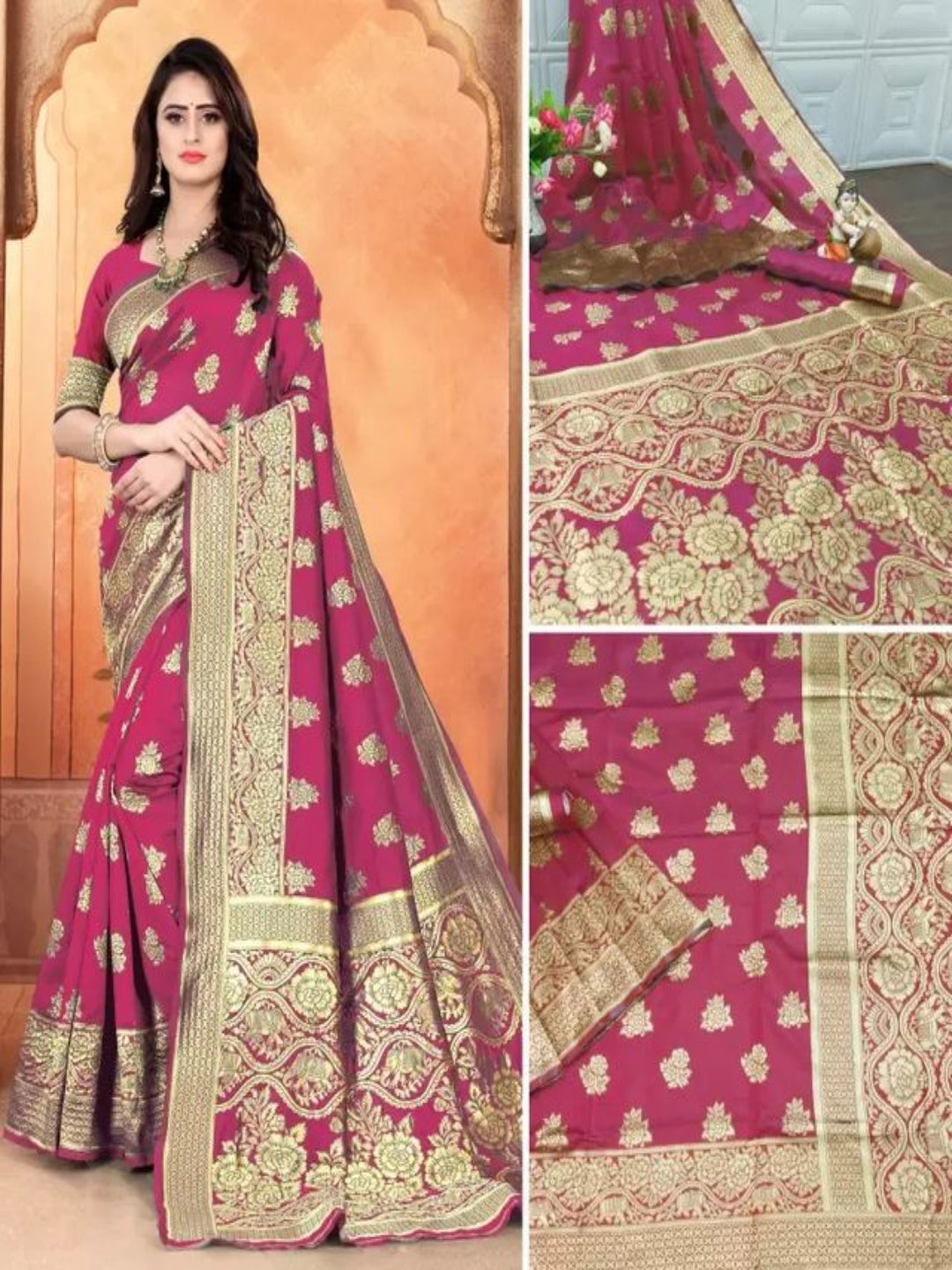 Collage of a pink saree with gold patterns and a woman wearing it.