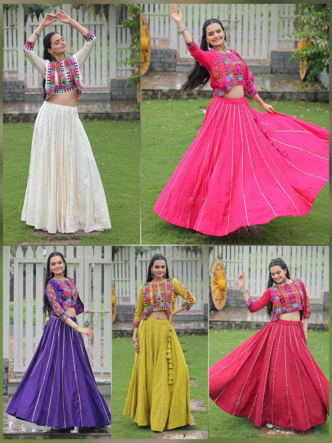 Collage of a woman in colorful traditional outfits with long skirts in various colors.