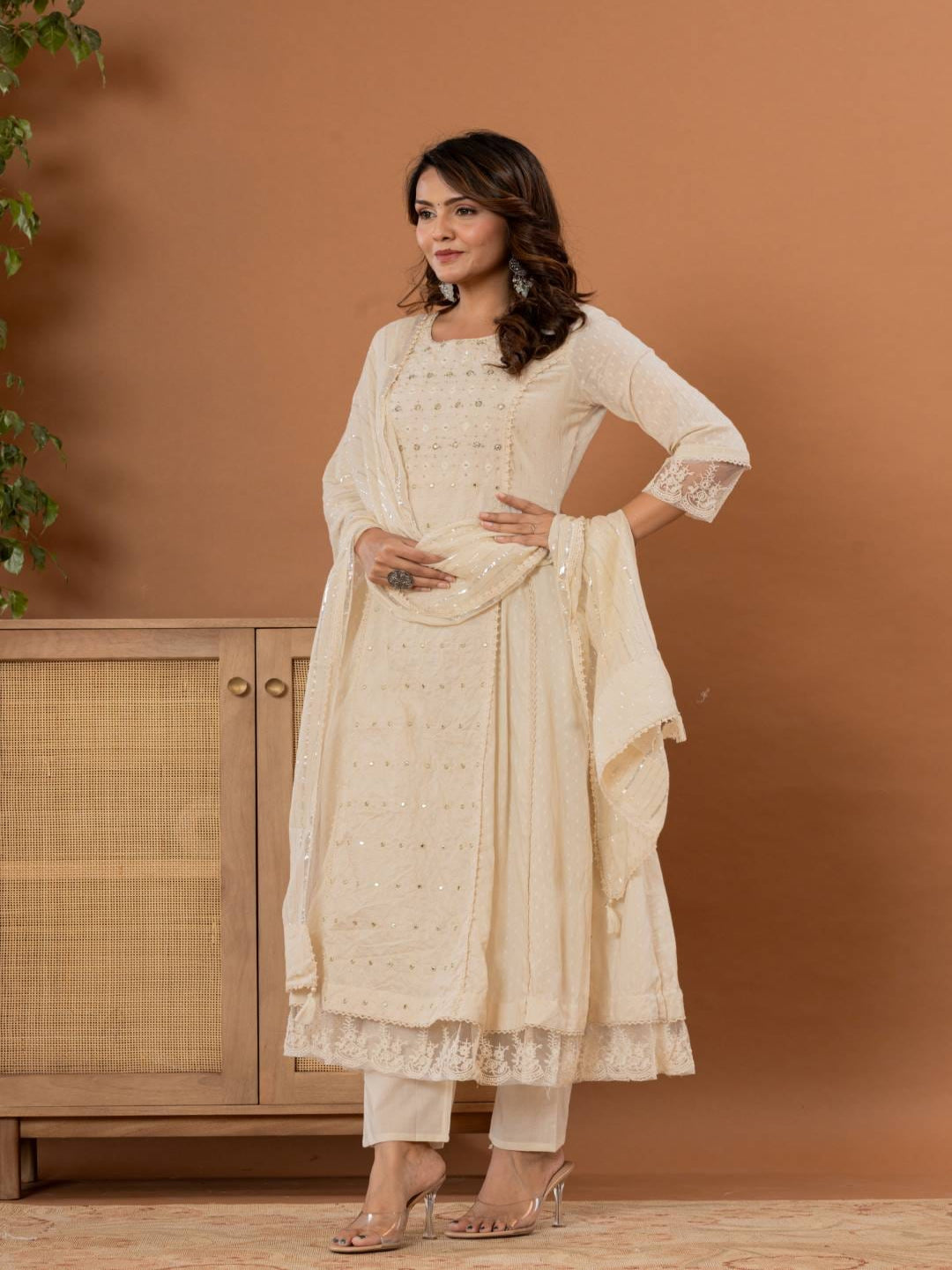 KF Women Embroidered Panelled Mirror Work Pure Cotton Kurta with Trousers & Dupatta