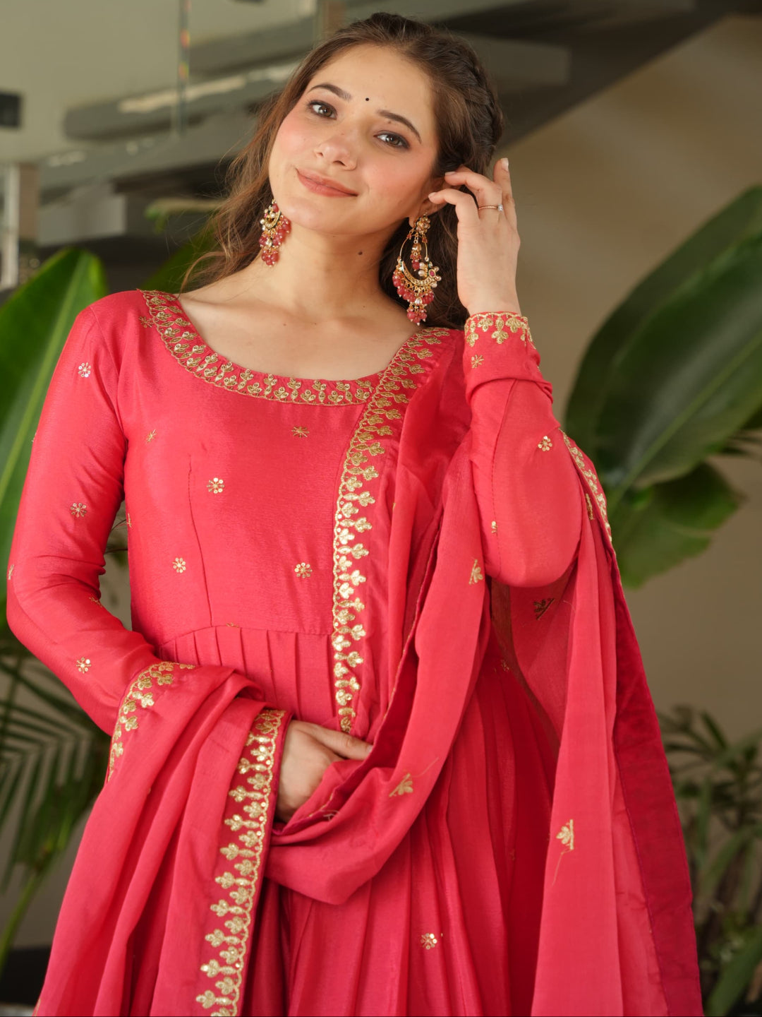 ES Designer Gown Chinnon Fabric With Embroidery, Zari & Sequin Work