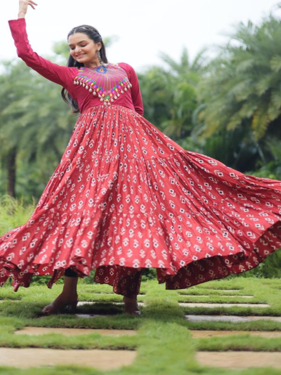ES Maroon designer printed gown in heavy cotton with Kutchi