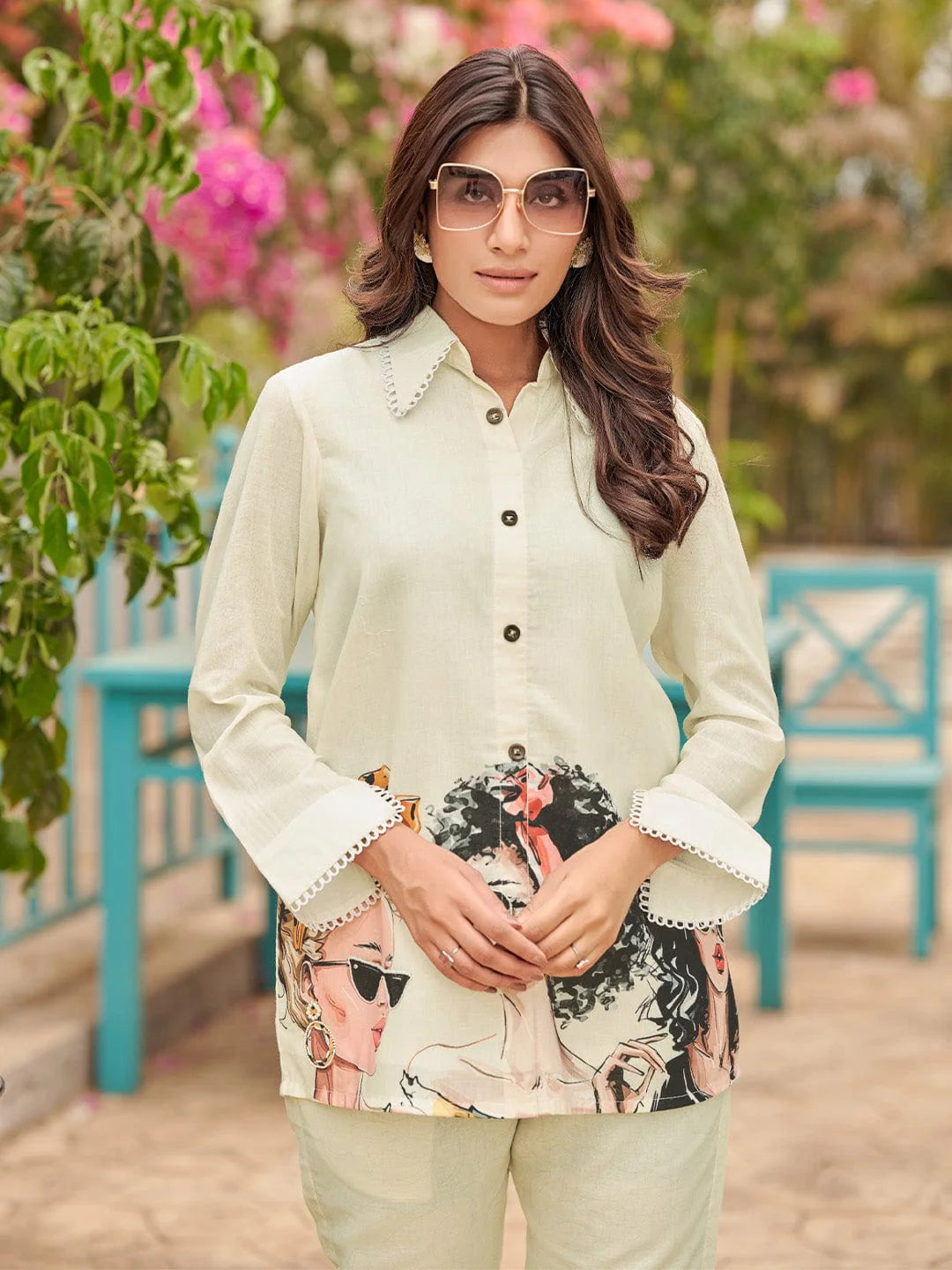 KF Pure Cotton Printed Apple Hem Shirt Collar Shirt With Trousers Co-Ords