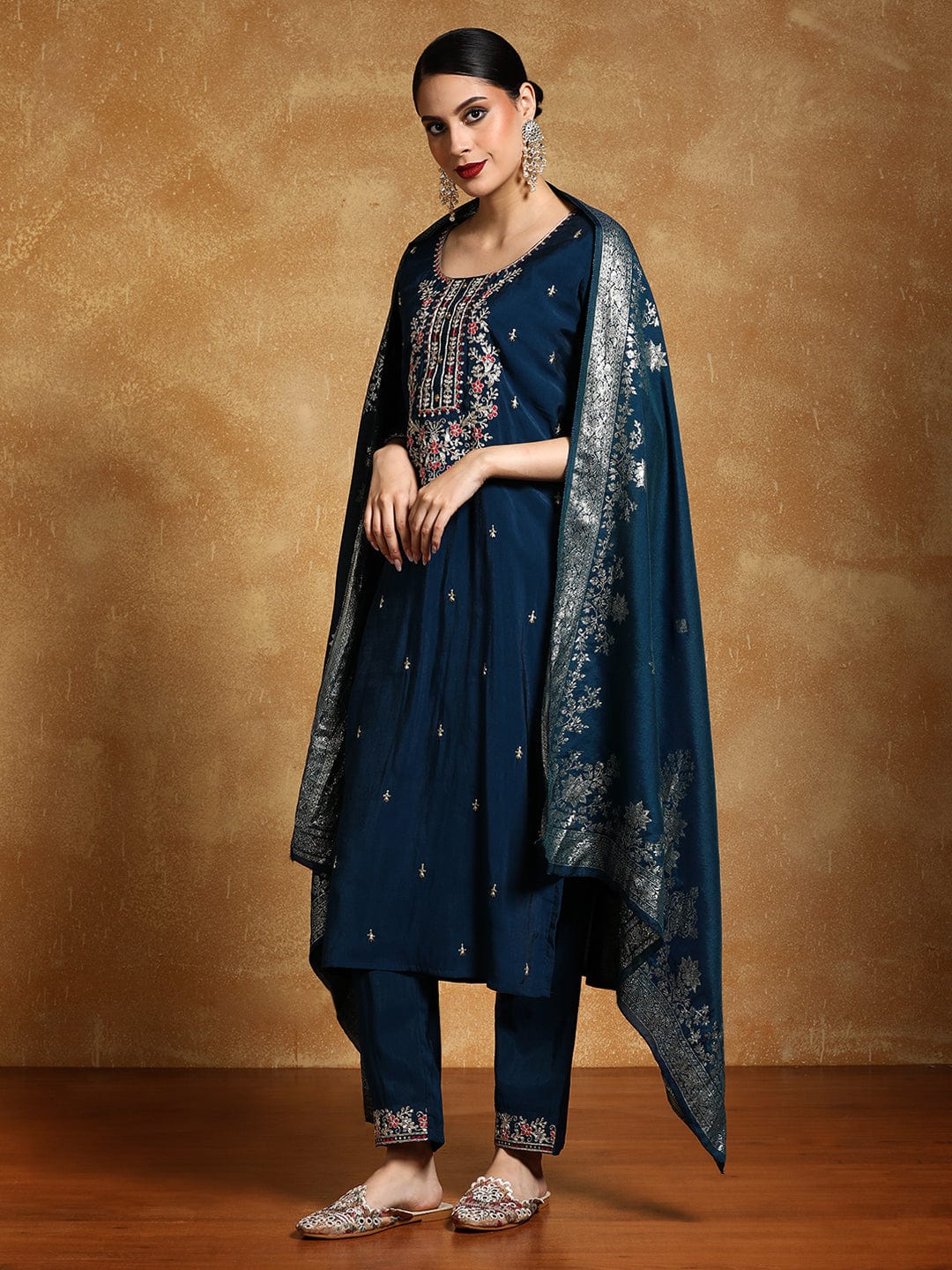 KF Zari Embroidered Yoke with All Over Floral Motif Buta Kurta with Trouser & Dupatta