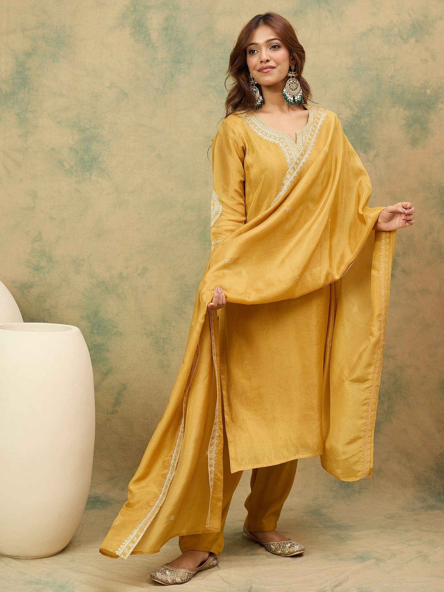 KF Zari Embroidered Yoke Kurta With Trouser And Dupatta