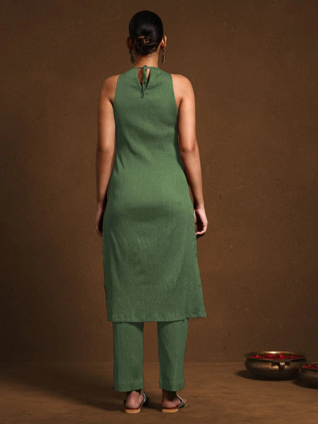 KF Green Poly Crepe Sleeveless Solid Halter Neck Kurta Set