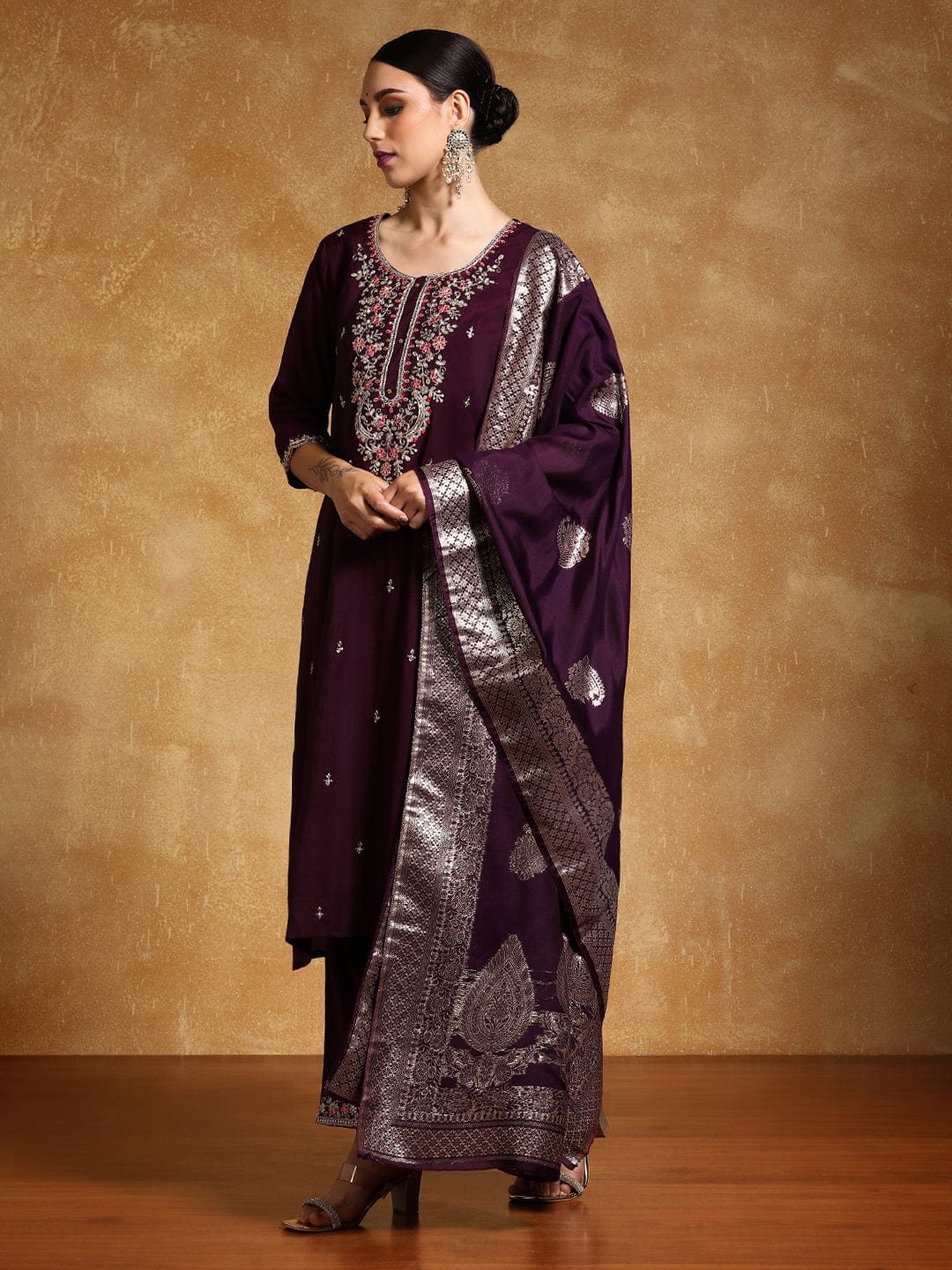 KF Zari Embroidered Yoke with All Over Floral Motif Buta Kurta with Trouser & Dupatta