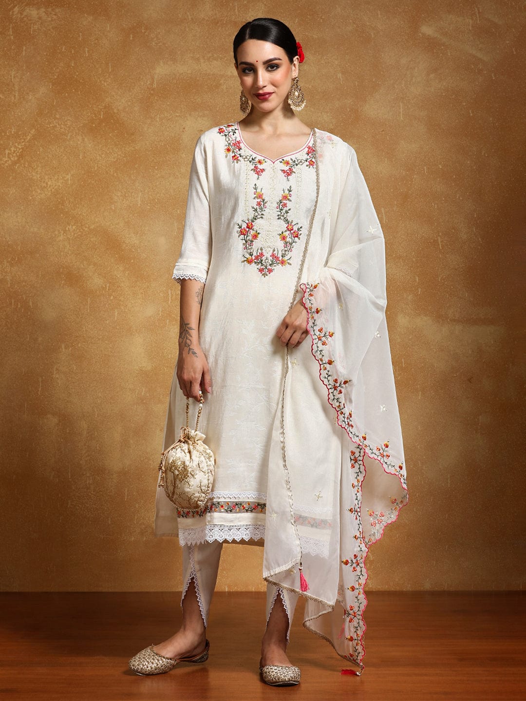 KF Floral Motif Thread Embroidered Yoke Kurta with Trouser & Dupatta