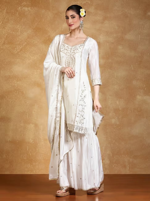 KF Zari Embroidered Yoke Kurta With Sarara Pant And Dupatta