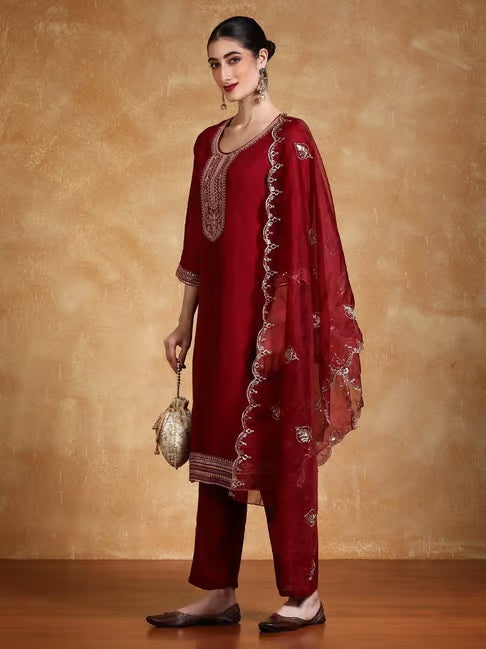 KF Women Zari & Sequin Embroidered Yoke Kurta With Trouser & Dupatta