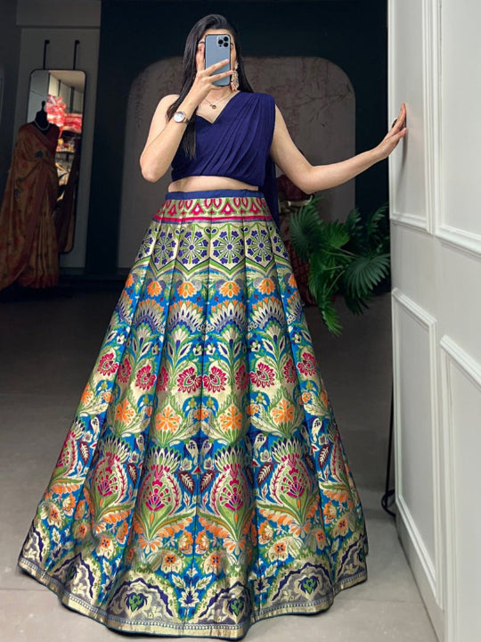 ES Banarsi Silk Lehenga, Blouse & Dupatta With Zari Weaving Work