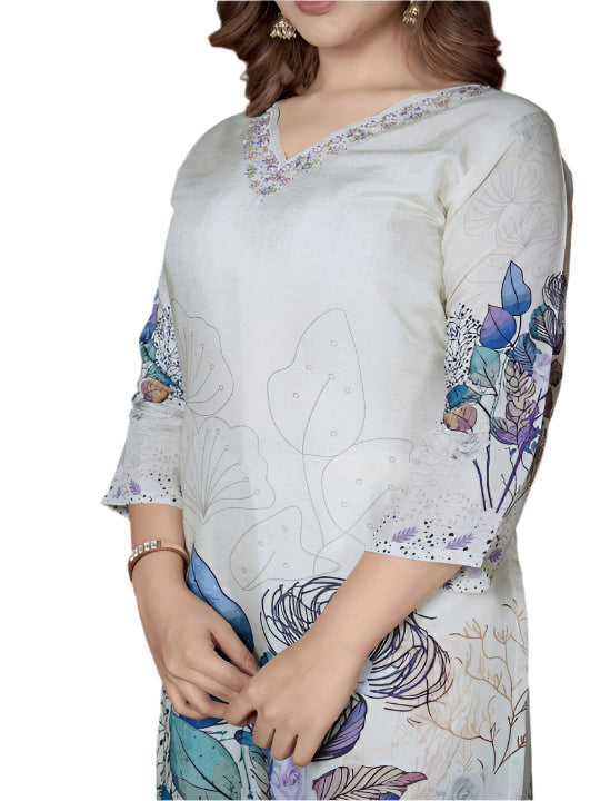 ICF Women digital printed White Kurta Set with Dupatta & Pant