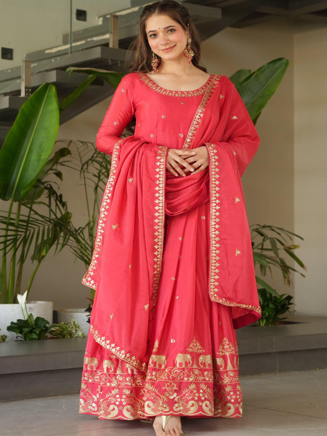 ES Designer Gown Chinnon Fabric With Embroidery, Zari & Sequin Work