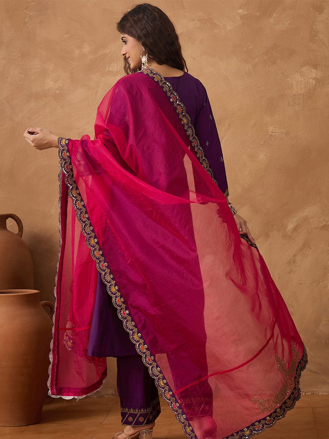 KF Zari Embroidered A line kurta With Trouser & contrast Dupatta