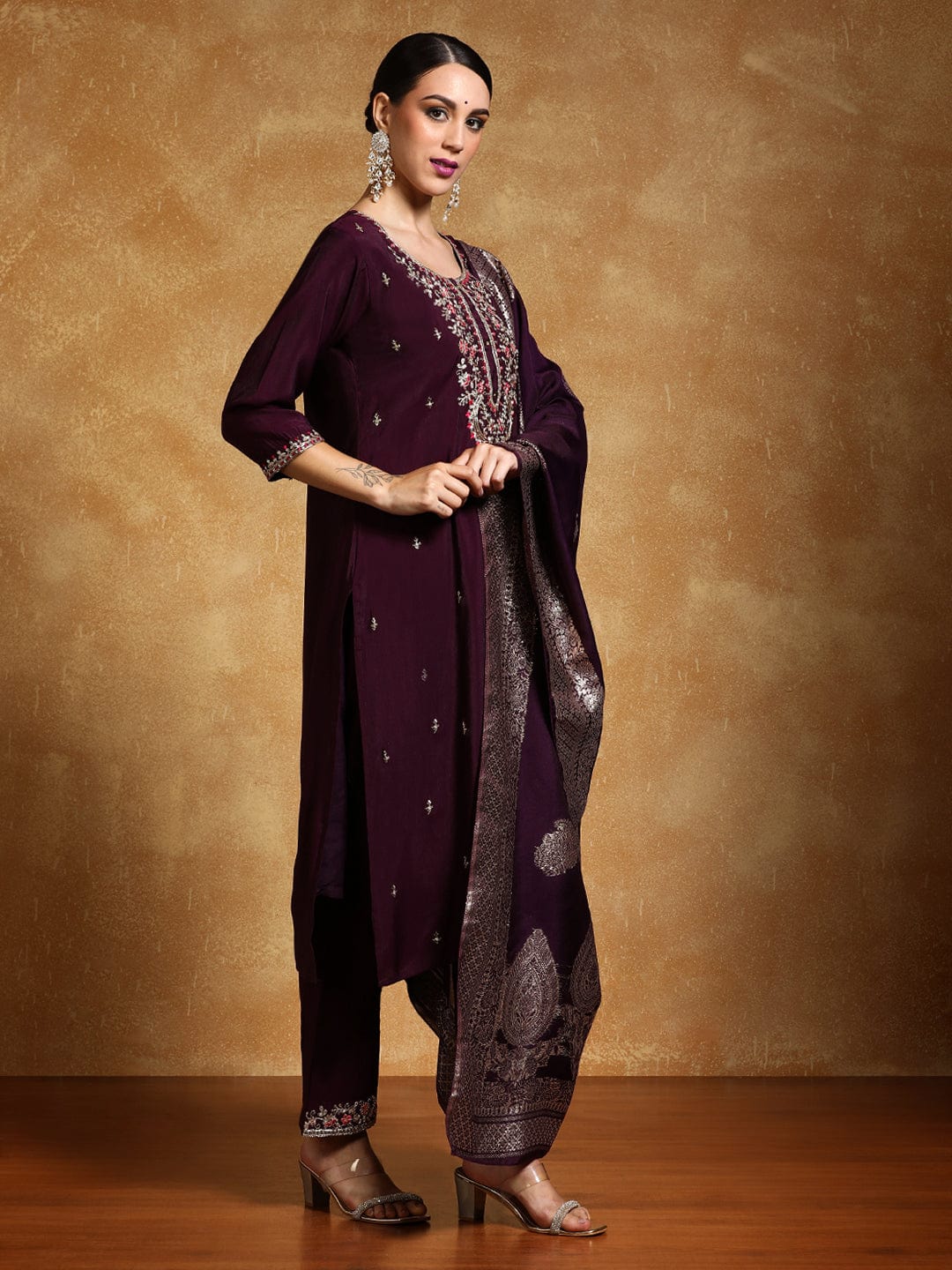 KF Zari Embroidered Yoke with All Over Floral Motif Buta Kurta with Trouser & Dupatta