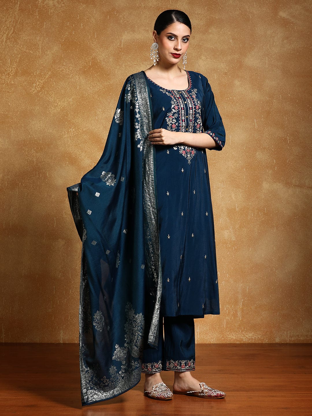 KF Zari Embroidered Yoke with All Over Floral Motif Buta Kurta with Trouser & Dupatta