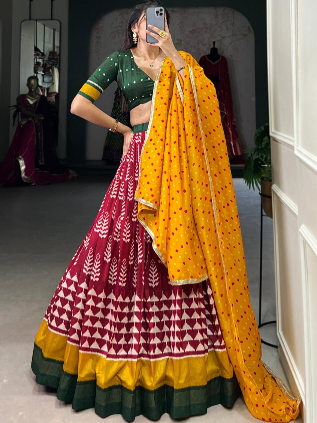 ES Tushar Silk Stitched Lehnga Set with Blouse Piece & Dupatta - Bandhej Print
