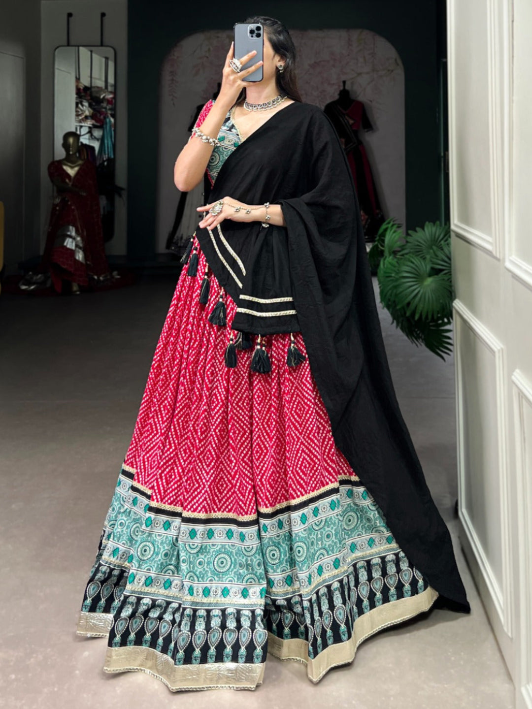 ES Ethnic Rayon Bandhej & Ajarakh Printed Lehenga Set - Stitched