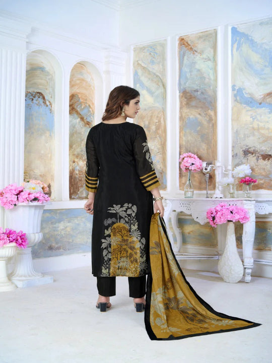 ICF Women Black Chinon Kurta-set with Trousers & Dupatta