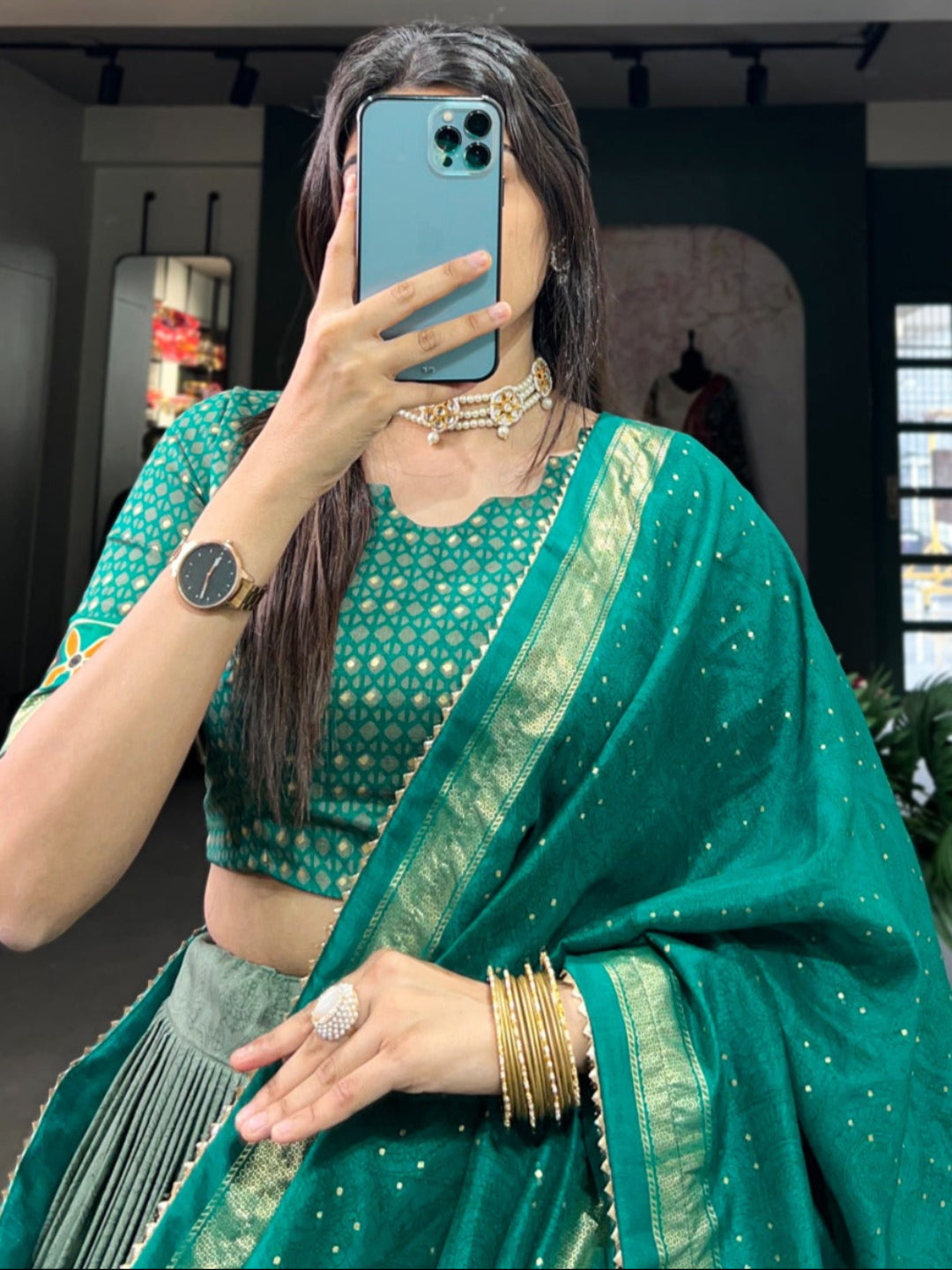 ES Premium Tussar Silk Lehenga, Blouse & Dupatta with Floral & Foil Print