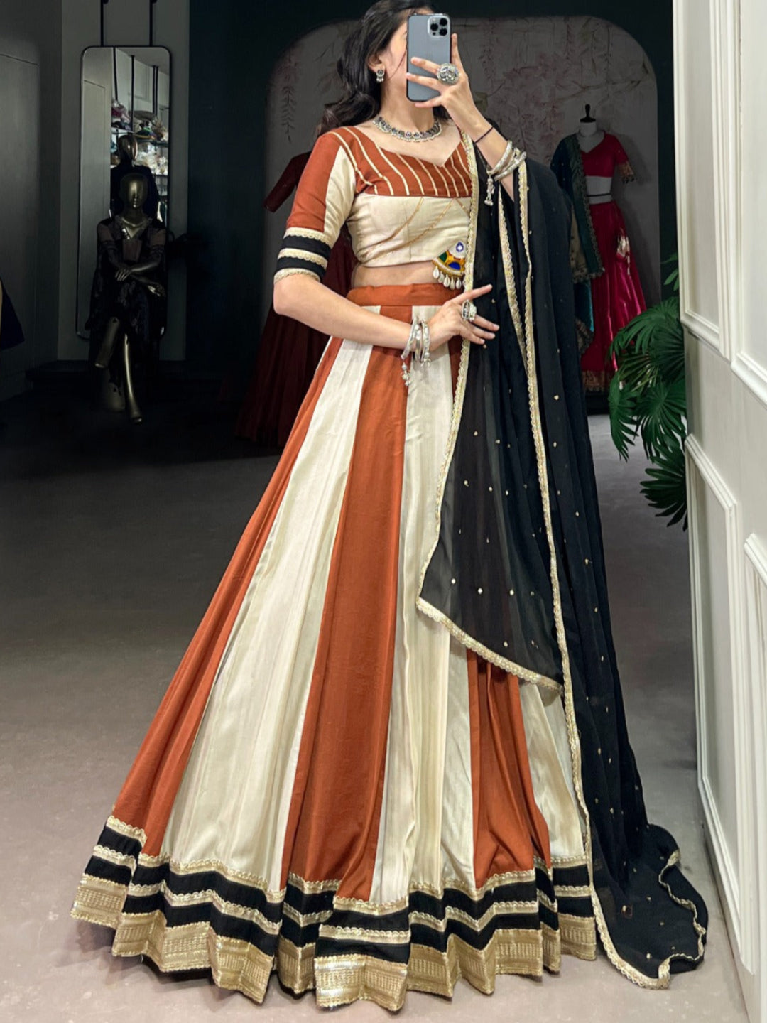 ES Designer Chinon Lehenga Set with Mirror & Embroidery Work -Stitched