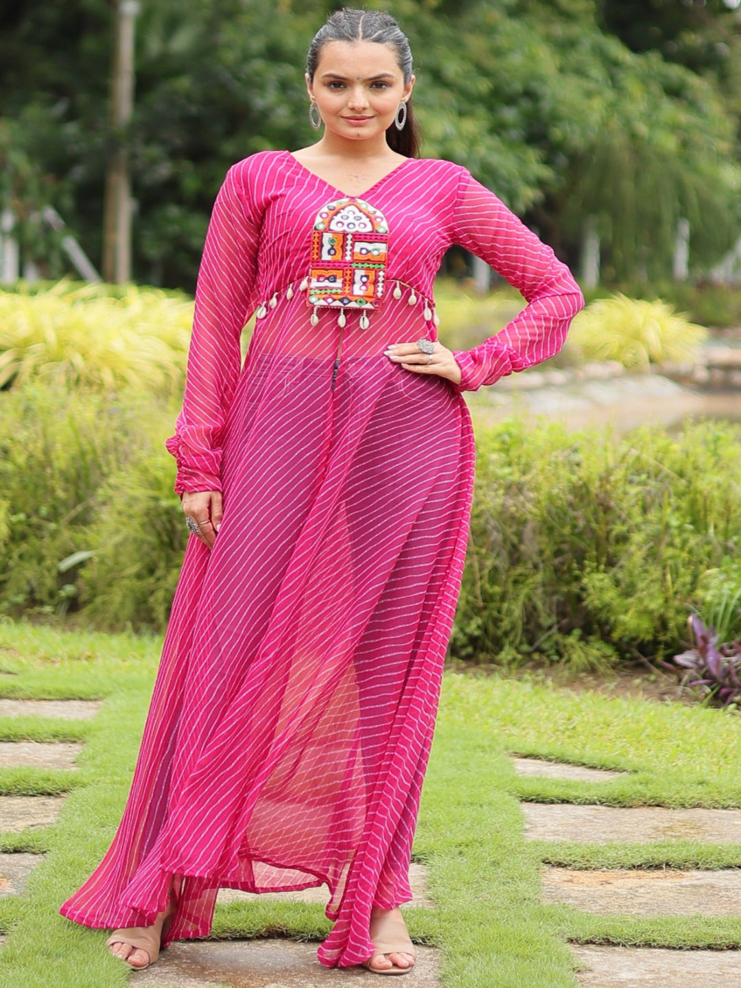 ES front open long kurti with Leheriya print and kutchi patchwork