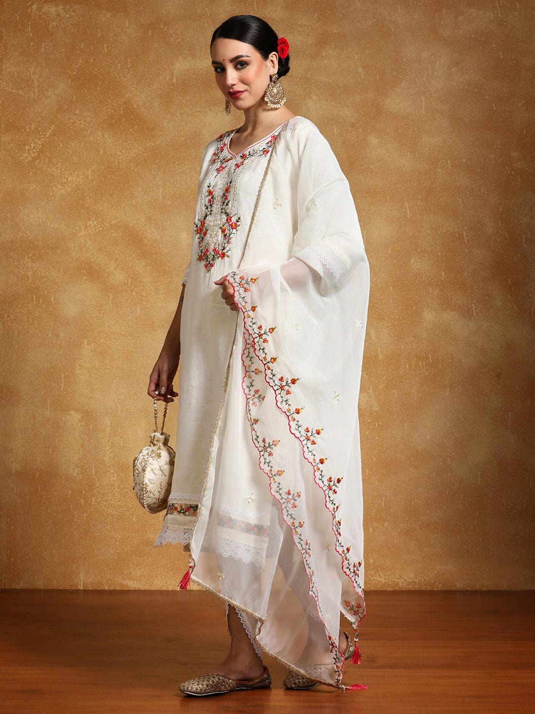 KF Floral Motif Thread Embroidered Yoke Kurta with Trouser & Dupatta