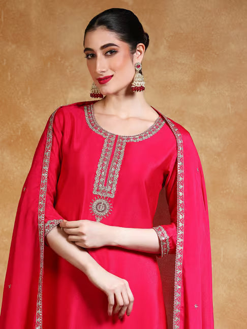 KF Women Zari Embroidered Yoke Kurta With Sharara And Dupatta