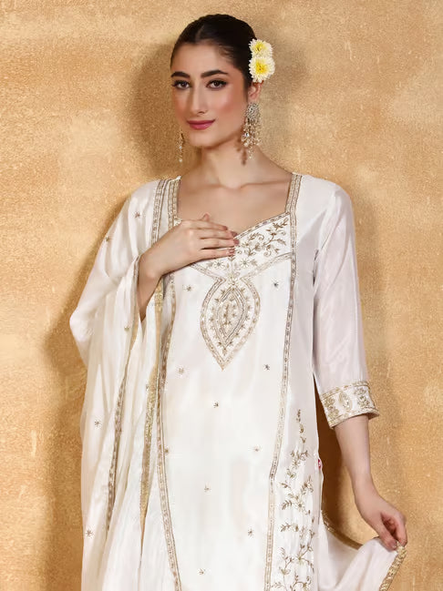 KF Zari Embroidered Yoke Kurta With Sarara Pant And Dupatta