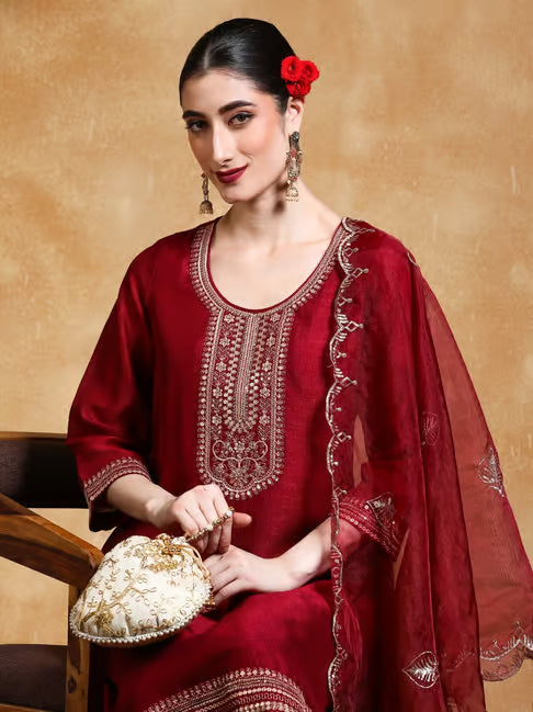 KF Women Zari & Sequin Embroidered Yoke Kurta With Trouser & Dupatta