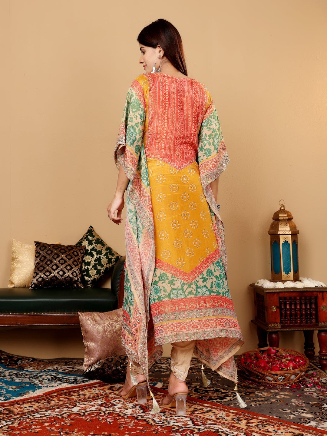 KF Colored Pure Silk Gotta And Mirror Embellished Kaftan With Tulip Pants