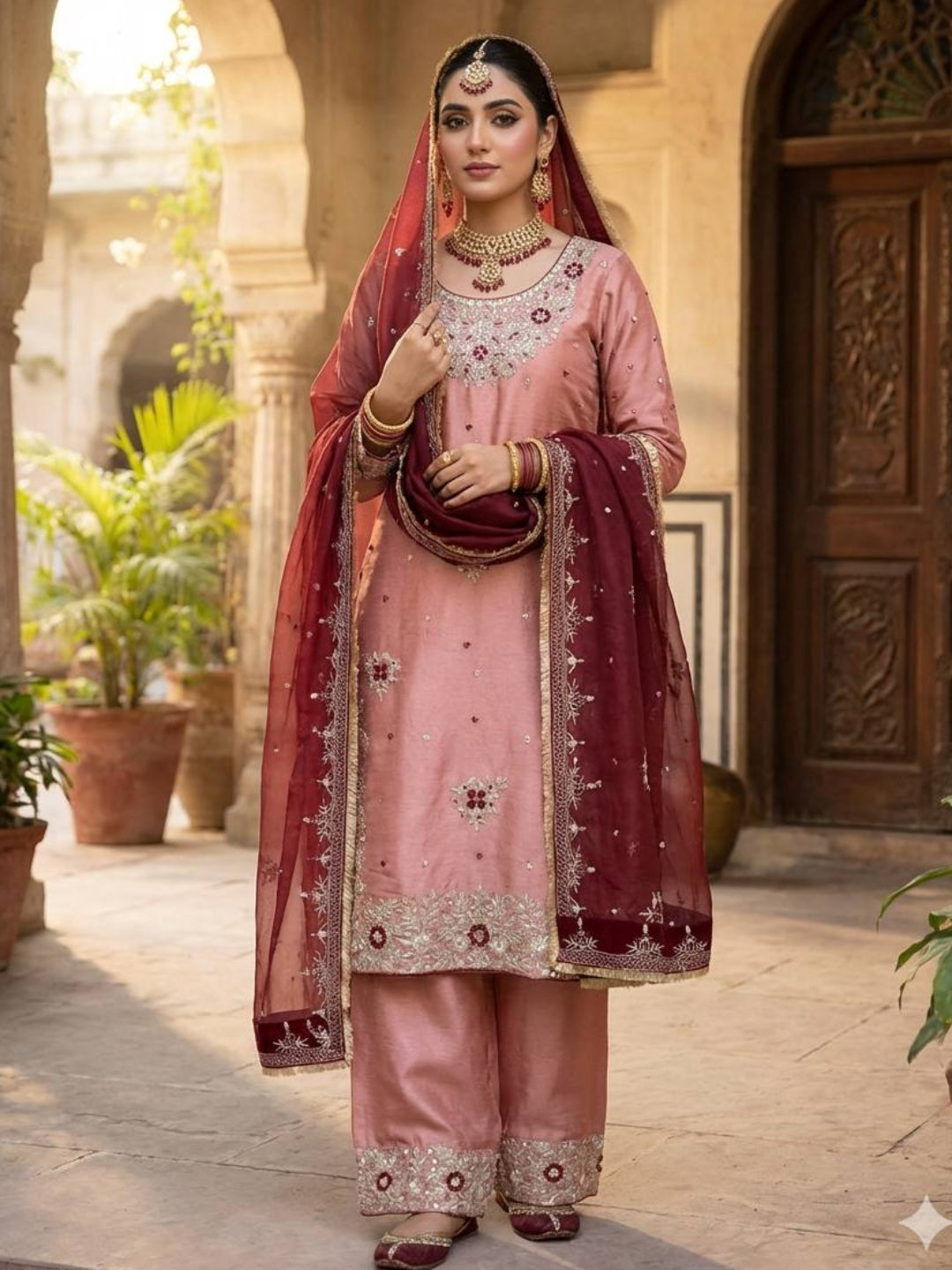 Women's Pure GMY Silk Heavy Sequence Embroidered Kurta Palazzo Set with Dupatta-RE