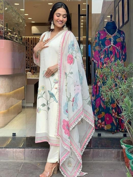 ICF Women Floral Print Straight Kurta Suit Set with pant & dupatta