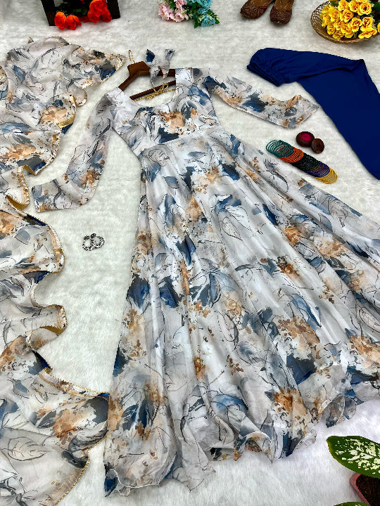 ES New Party Wear Organza Taby Silk Gown Set with Dupatta